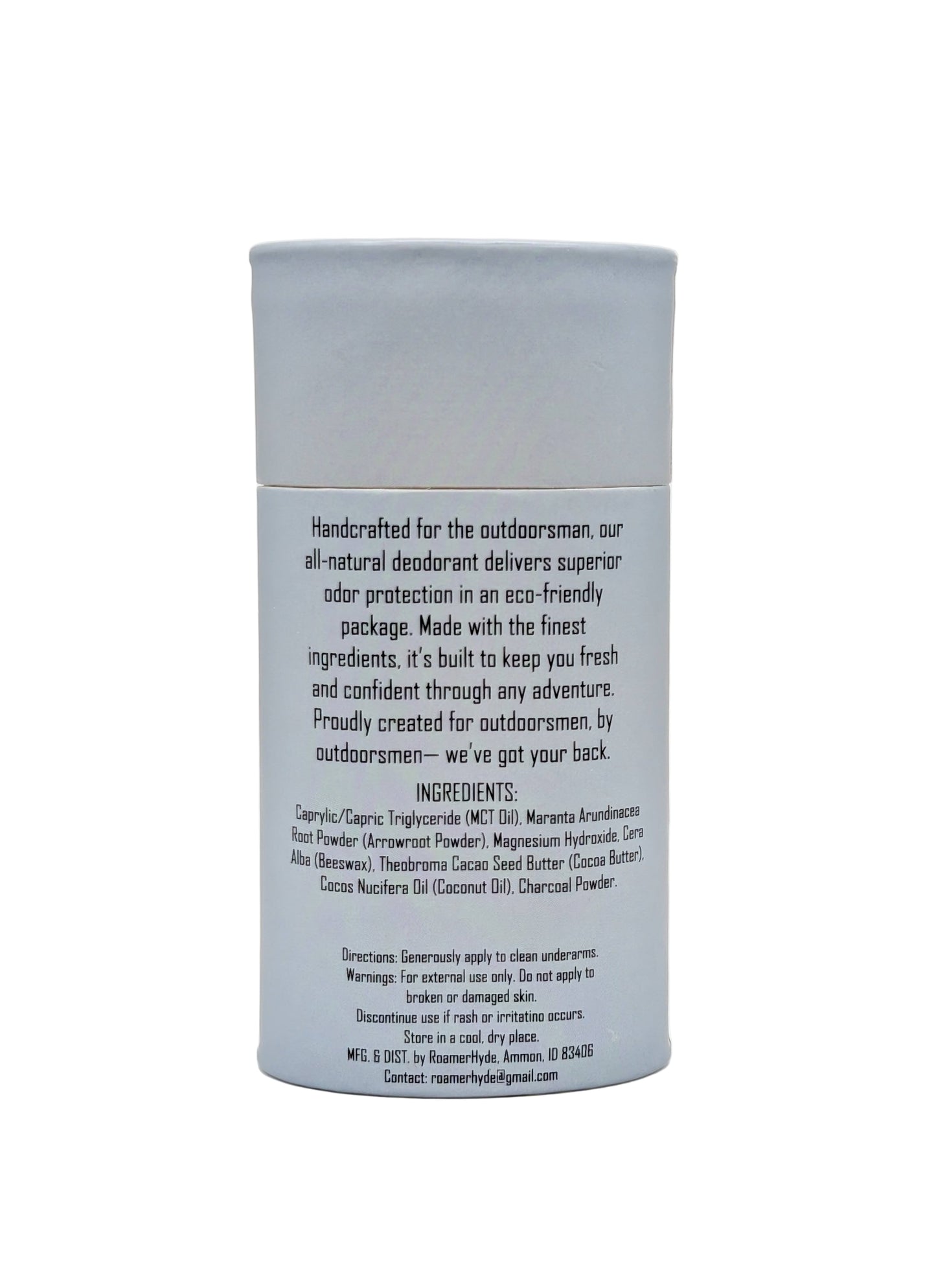Back label of a deodorant container with text on a white background