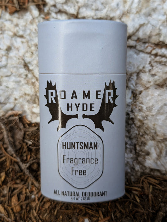Roamer Hyde Huntsman Fragrance Free deodorant can on a textured stone background
