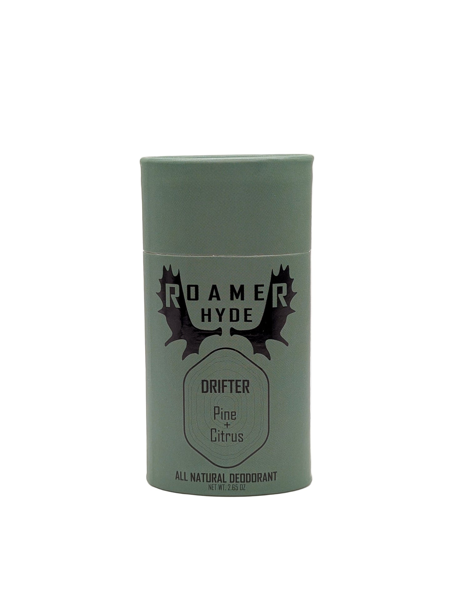 Green cylindrical deodorant container with 'Roamer Hyde' branding on a white background