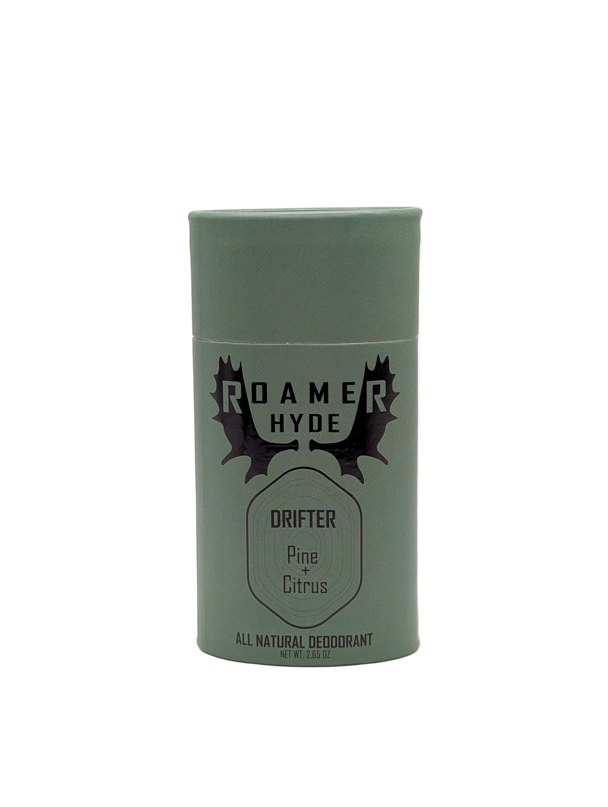 Green cylindrical deodorant container with 'Roamer Hyde' branding on a white background