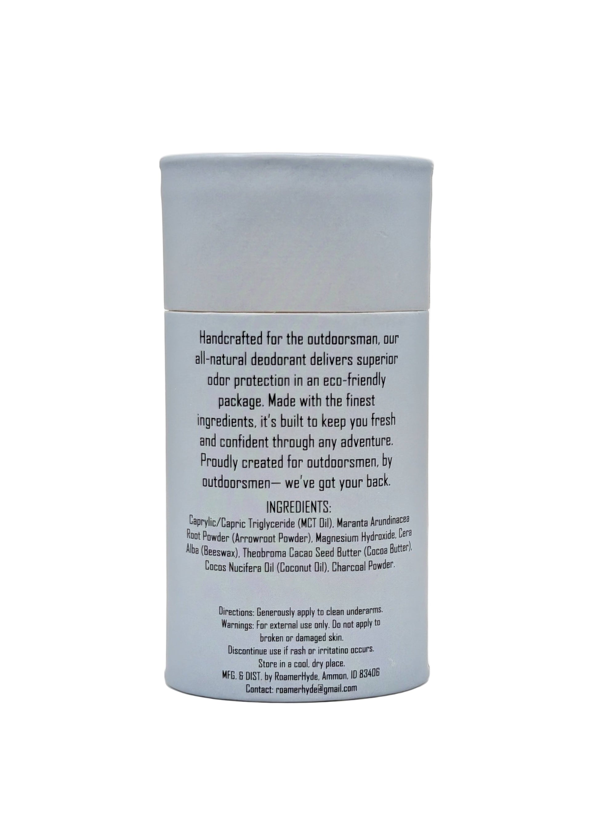 Back label of a deodorant container with text on a white background